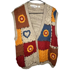 Two Twenty Vintage Style Oversized Patchwork Knit Boho Button Up Sweater Vest